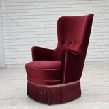 1970s, Danish armchair, cherry-red furniture velour, ash wood legs.