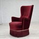 1970s, Danish armchair, cherry-red furniture velour, ash wood legs.