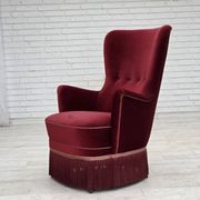 1970s, Danish armchair, cherry-red furniture velour, ash wood legs.