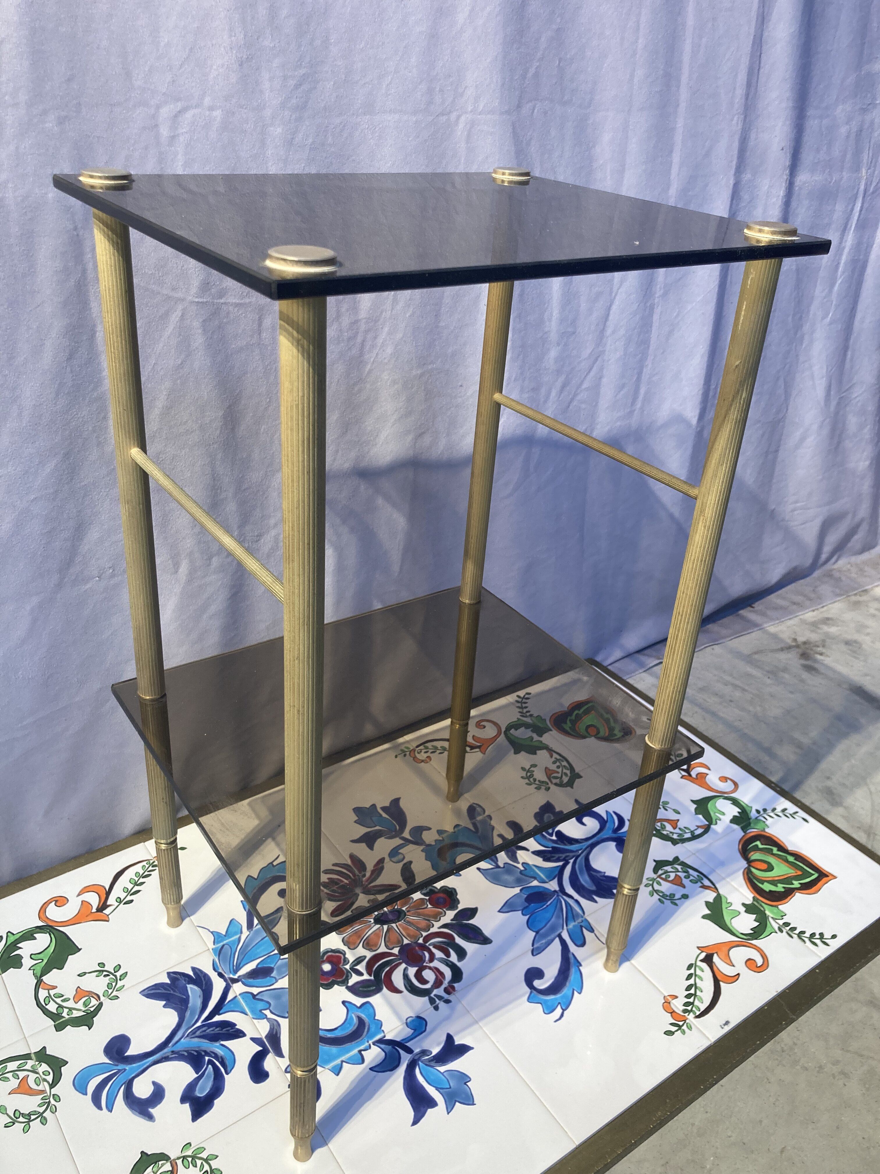 Brass side table and smoked tempered glass