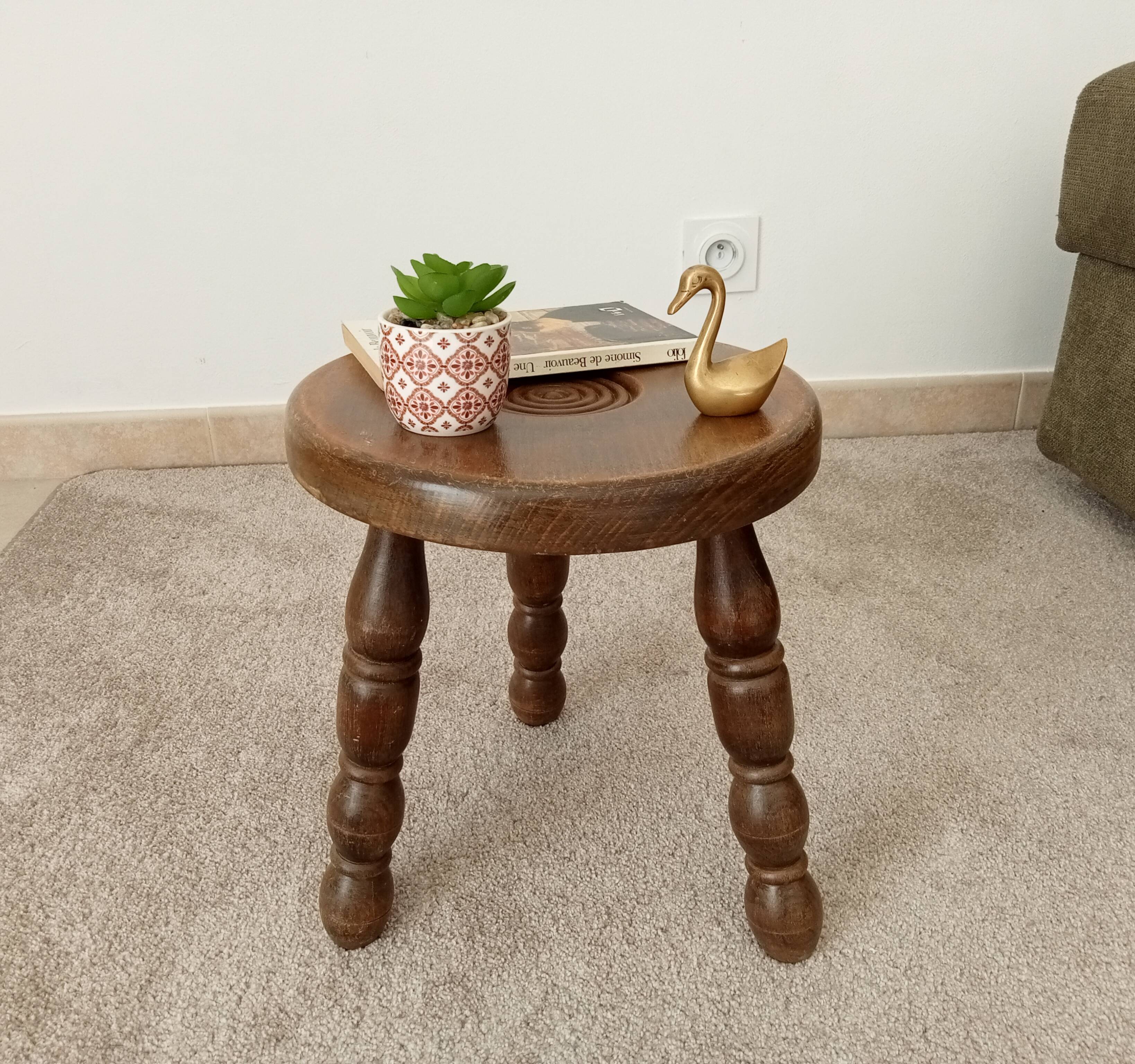 Vintage turned wood tripod stool