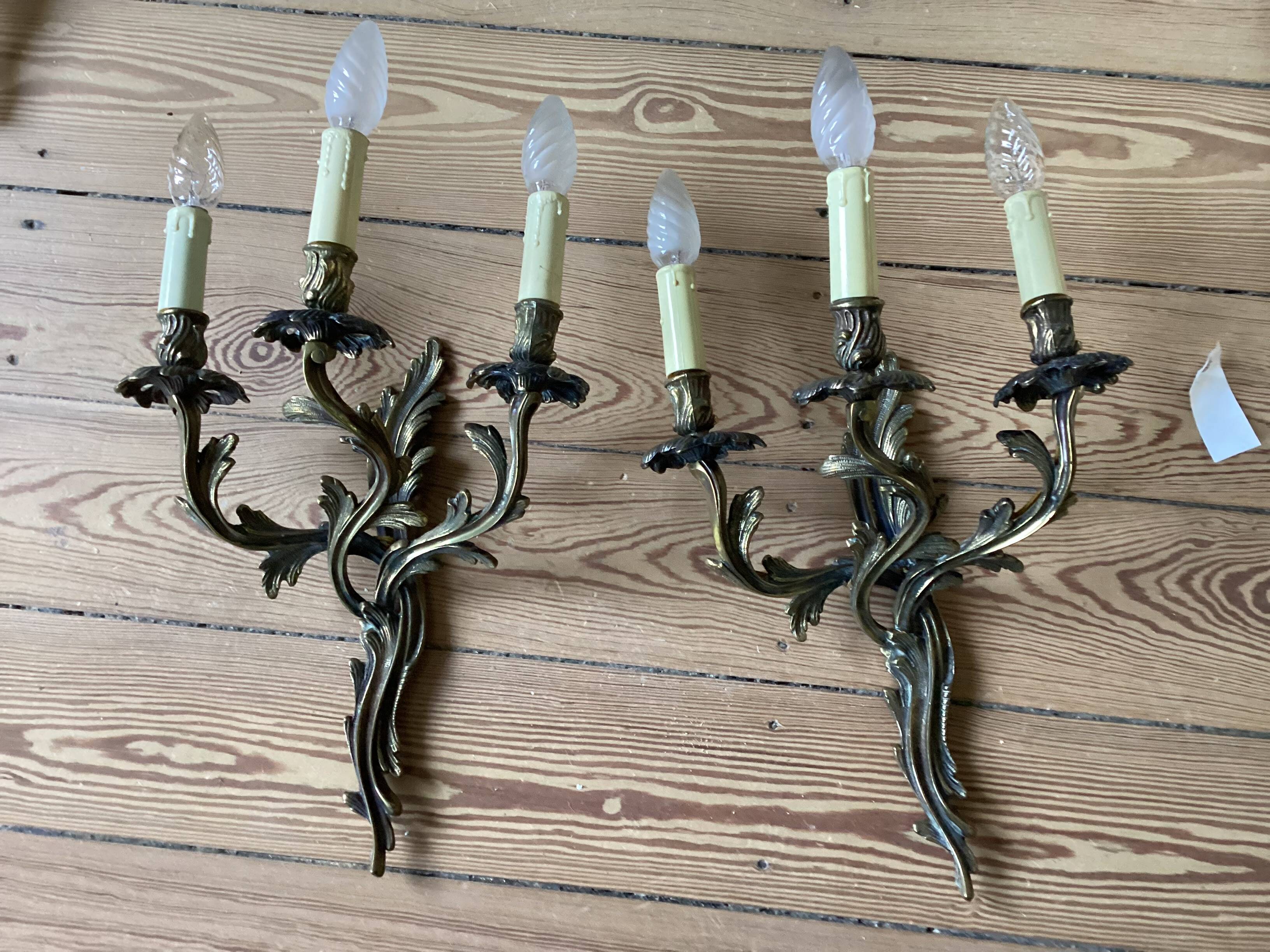 Pair of 3-Arm Wall Sconces – Louis XV / Rococo Style – Gilded Metal