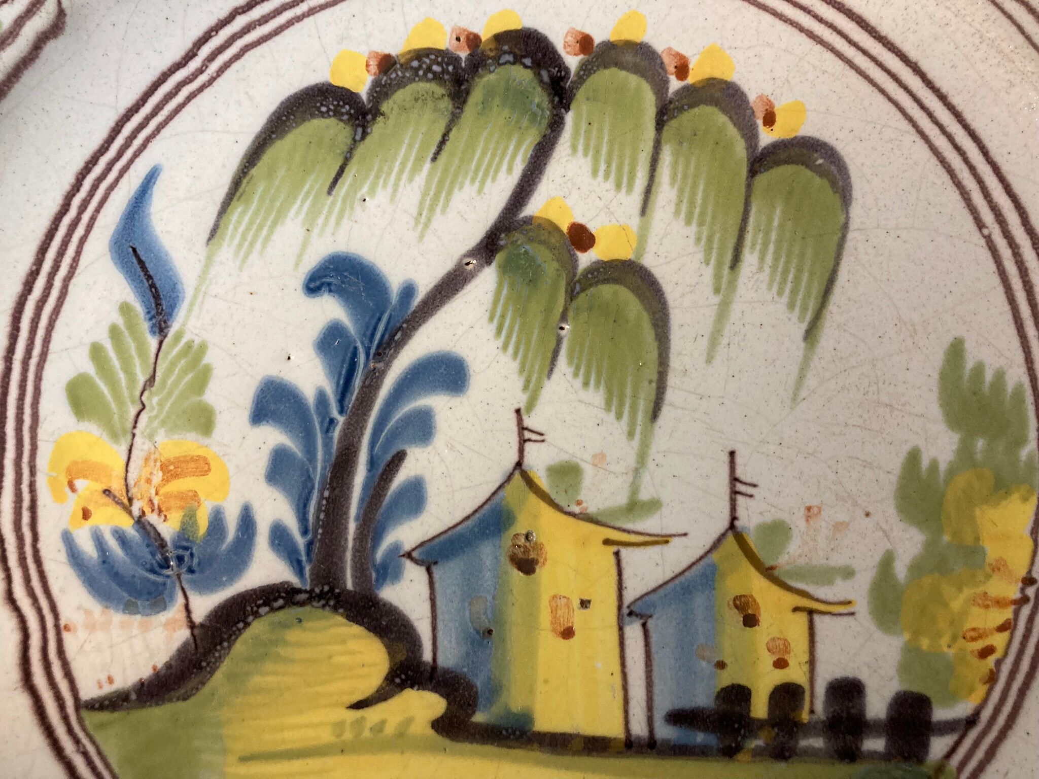 Nevers, earthenware dish willow decoration and eighteenth century pagodas