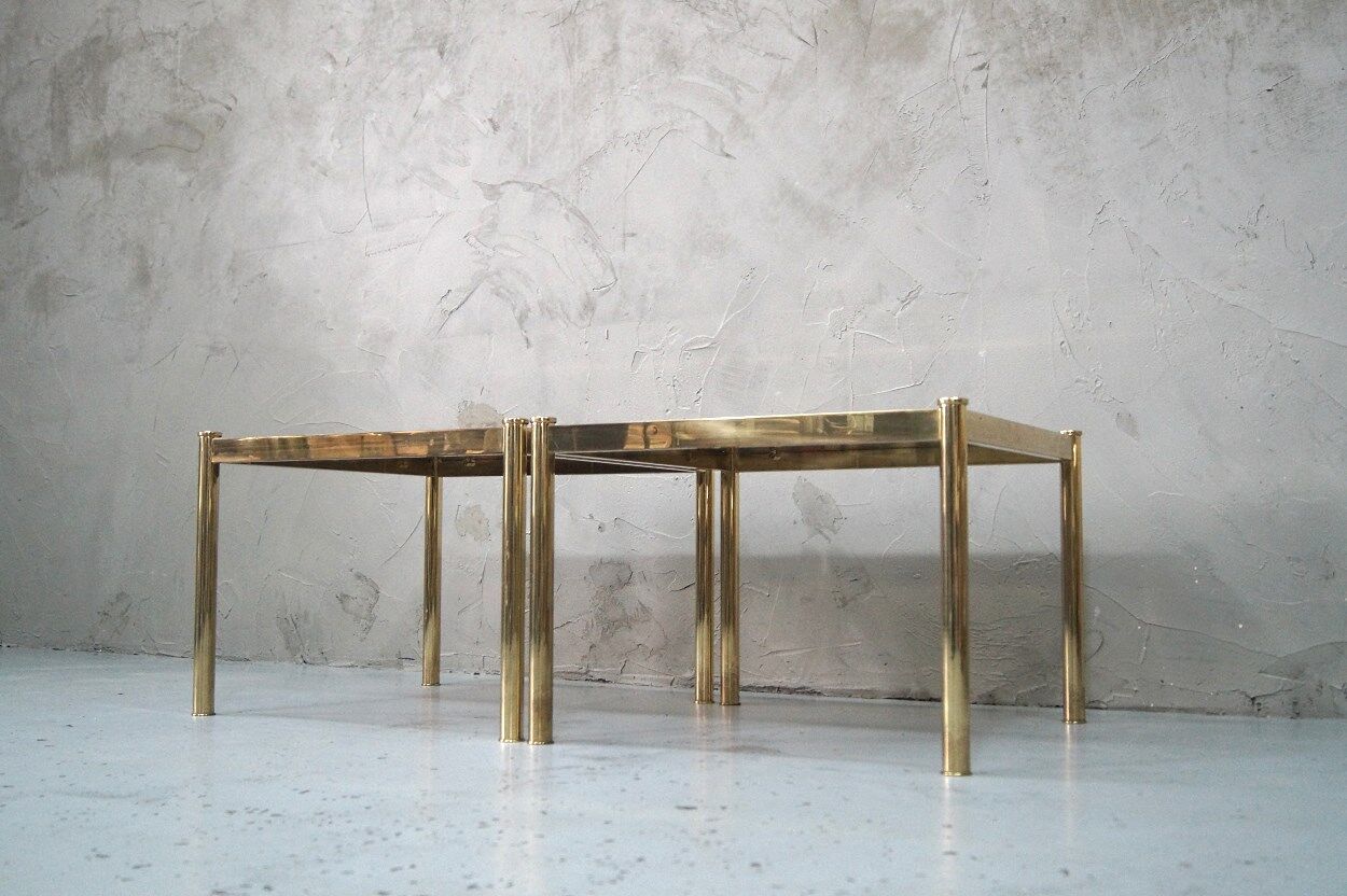 Set of 3 Italian minimalist brass coffee tables, 1970s