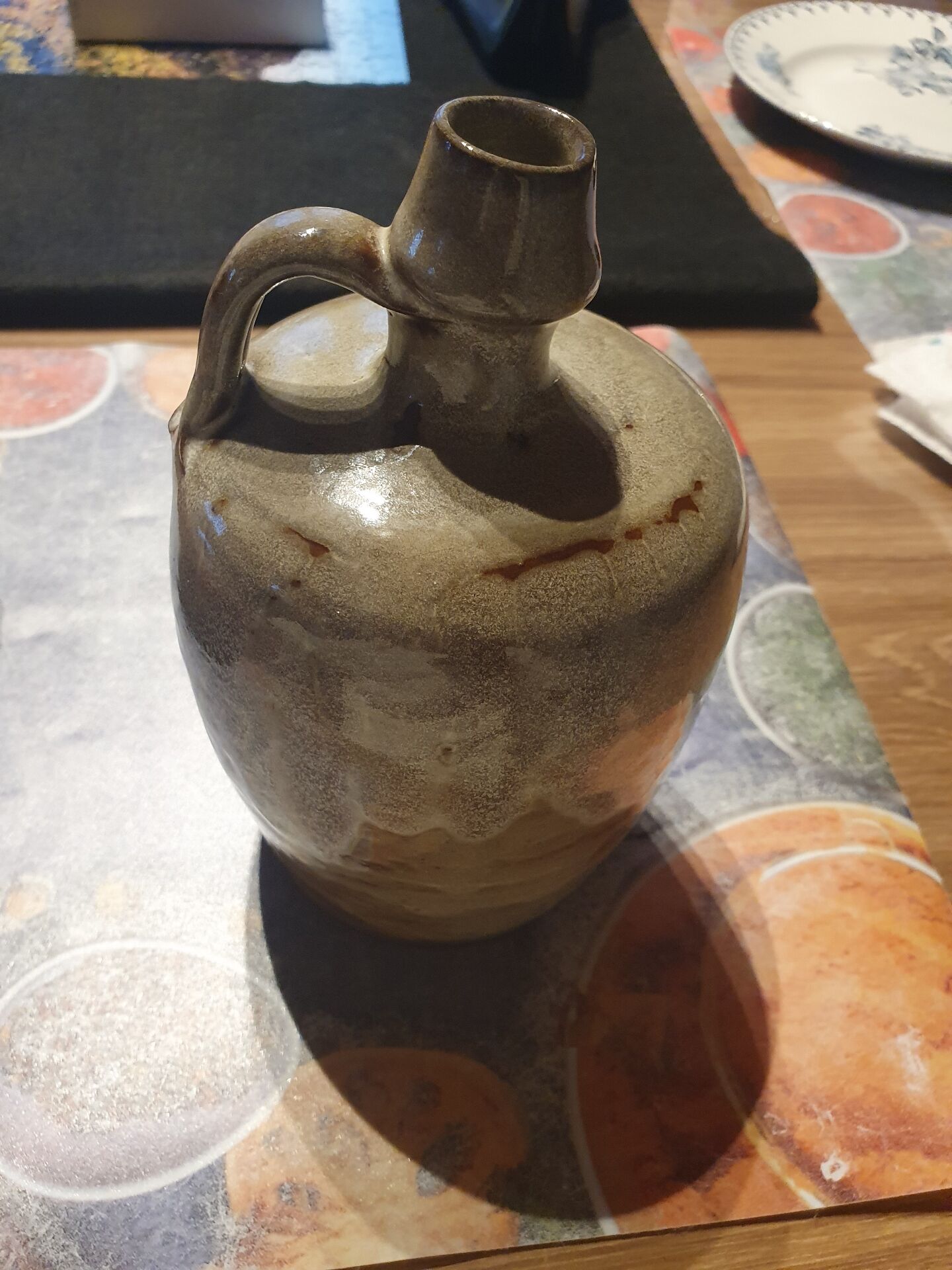 Brown glazed stoneware candlestick with handle – vintage style