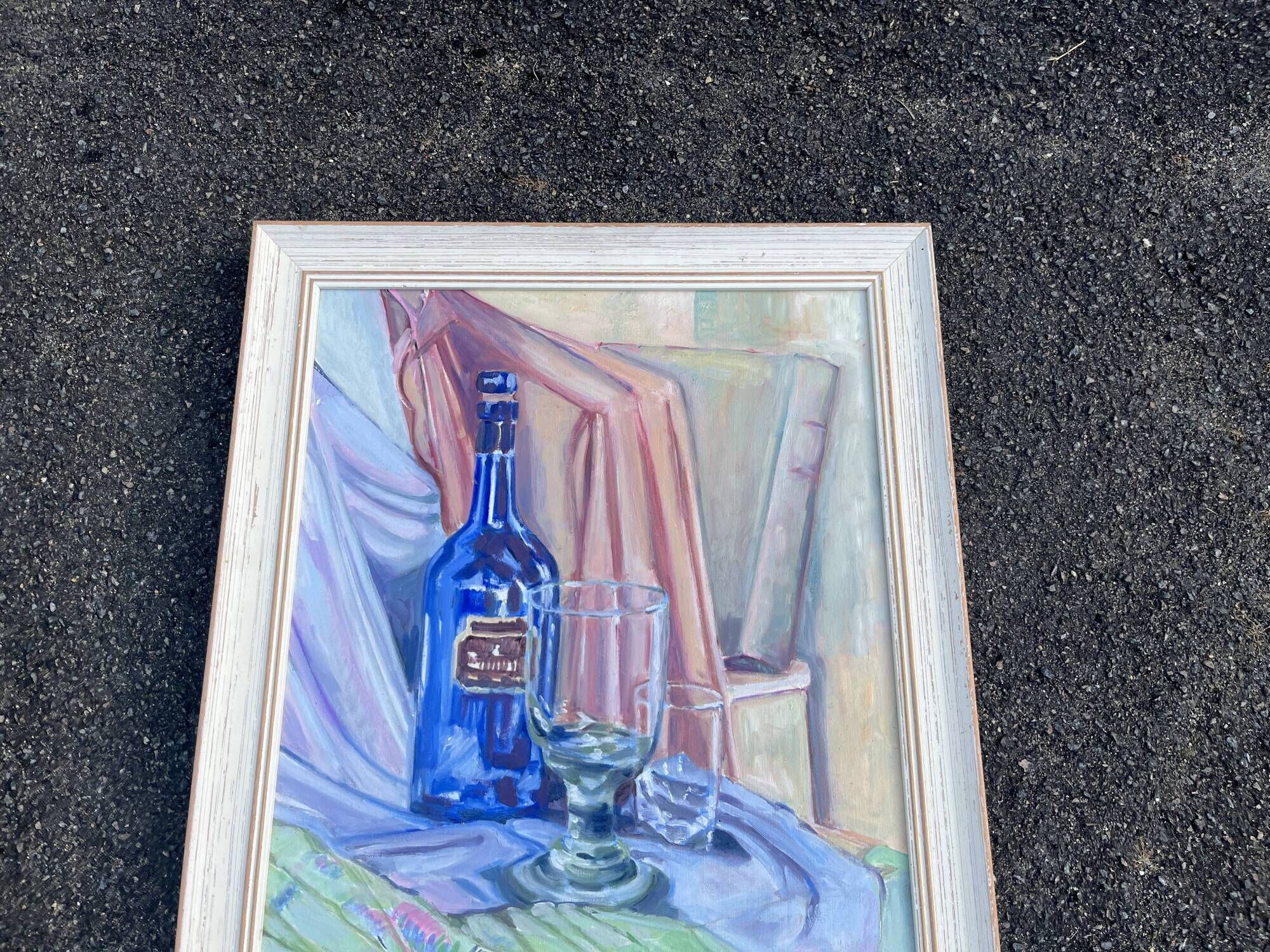 Still life with blue bottle and glass – Signed painting