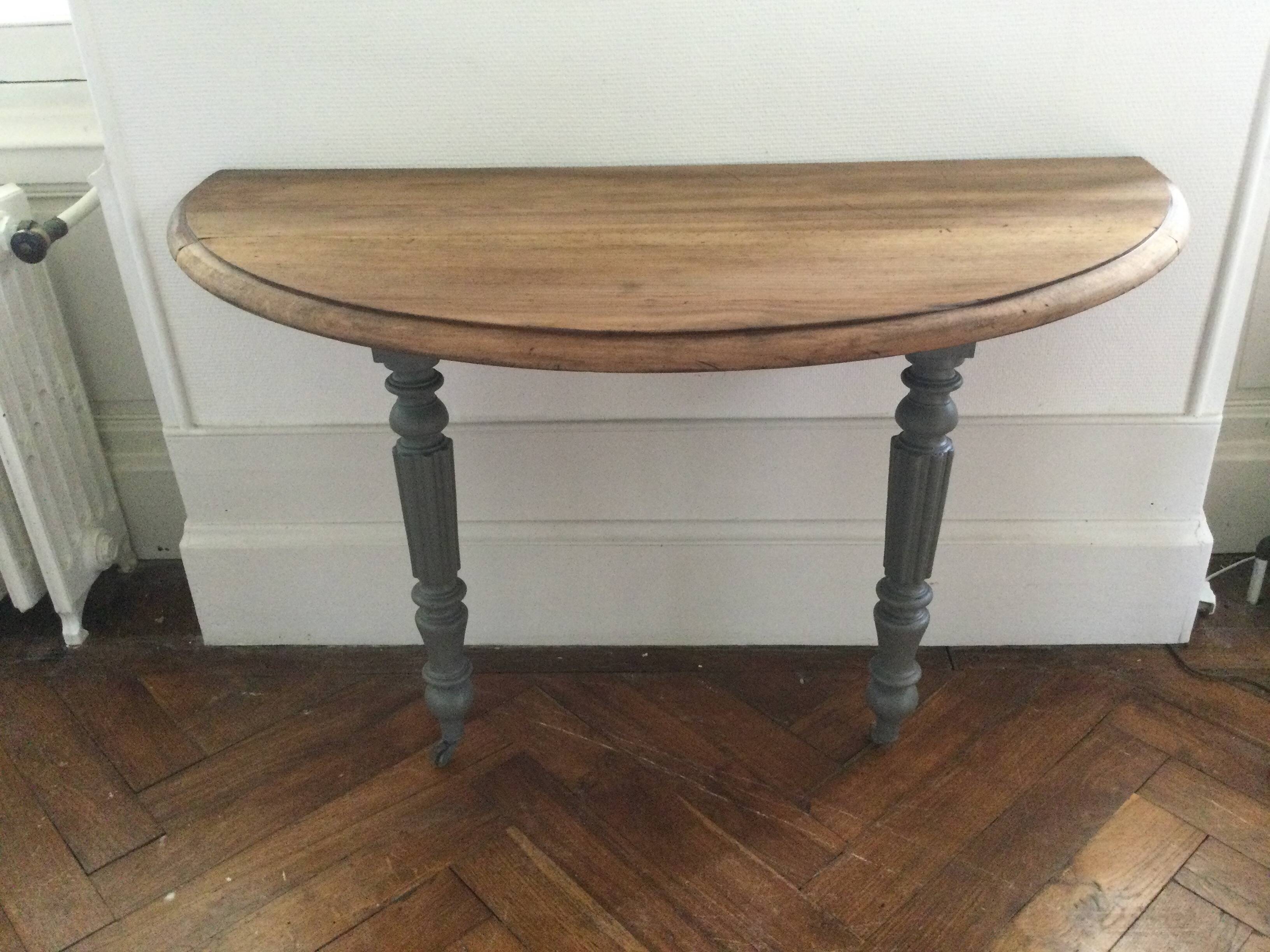 Antique painted wooden half-moon console table