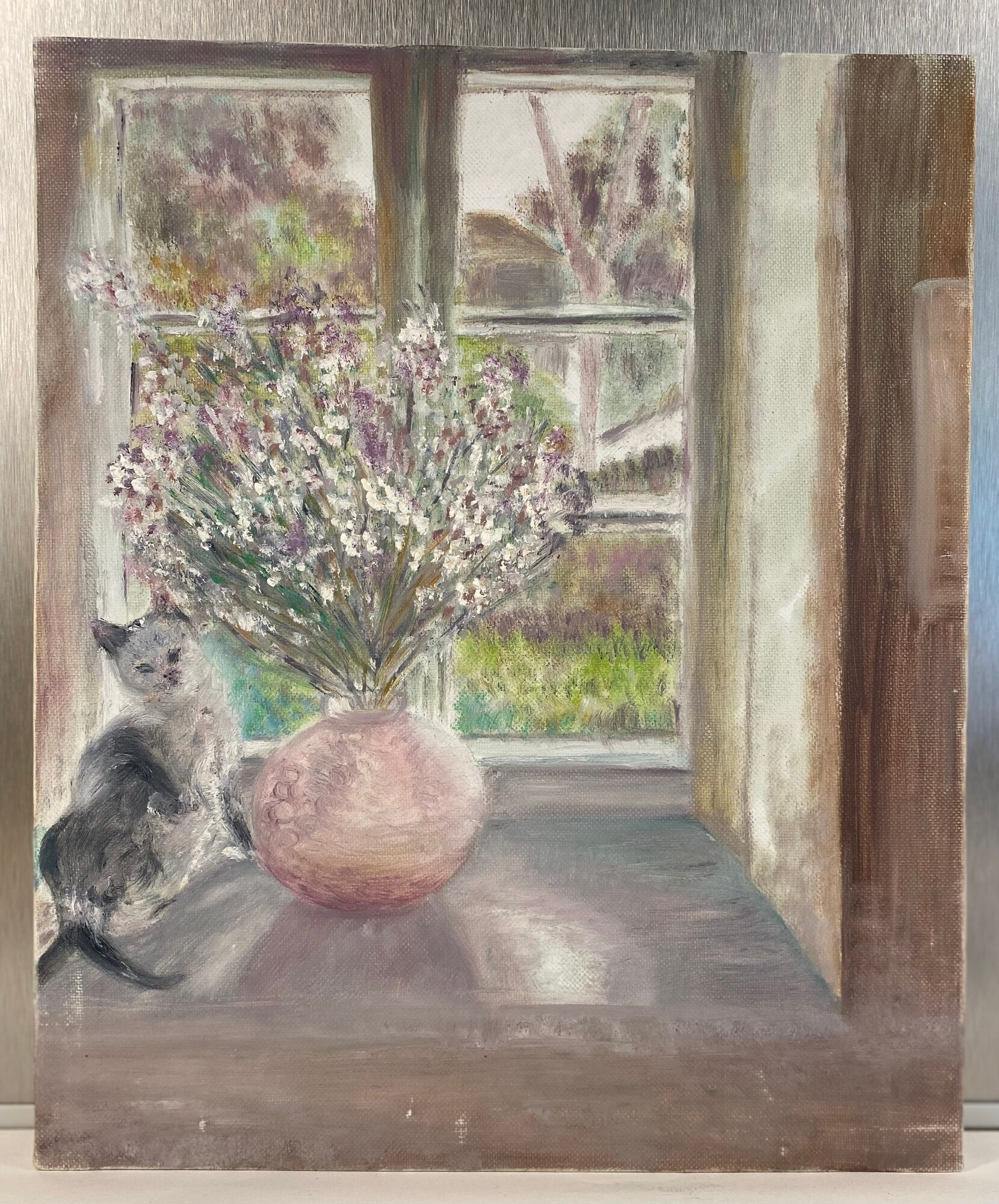Old painting, still life with bouquet of flower and cat 80s