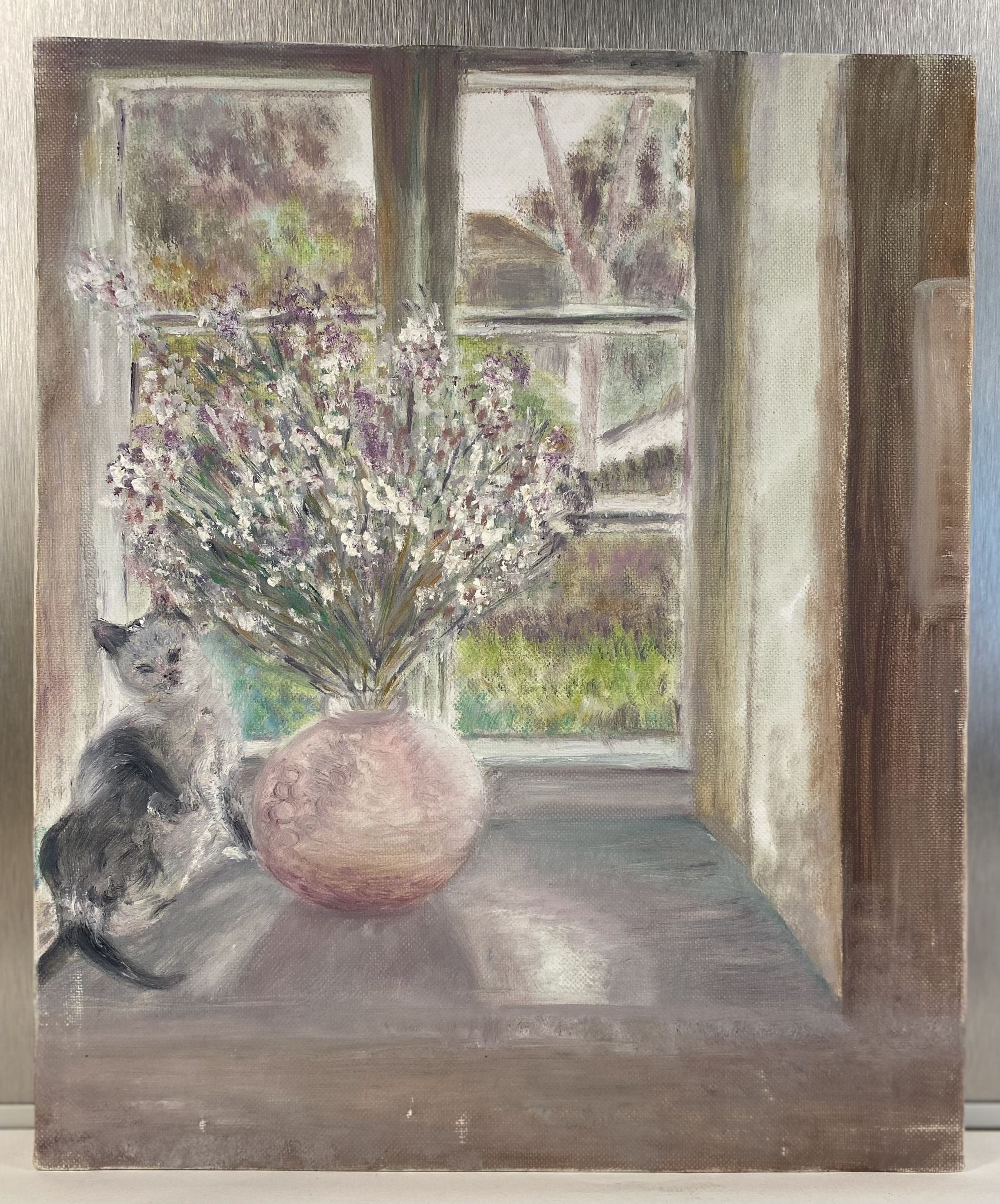 Old painting, still life with bouquet of flower and cat 80s