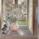Old painting, still life with bouquet of flower and cat 80s
