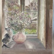 Old painting, still life with bouquet of flower and cat 80s