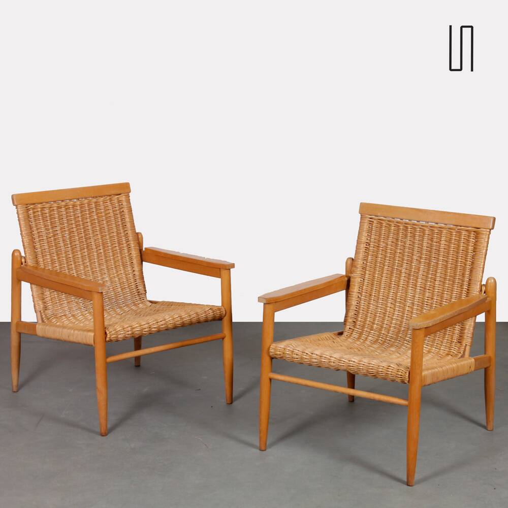 Pair of vintage wicker armchairs produced by Uluv, 1960