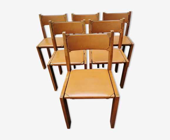 Set de 6 chaises Luigi Gorgoni en orme & cuir édition Roche Bobois, 1970
