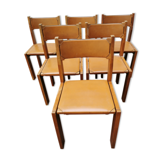Set of 6 Luigi Gorgoni chairs in elm & leather, edition Roche Bobois 1970