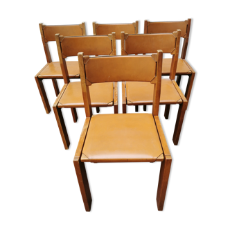 Set de 6 chaises Luigi Gorgoni en orme & cuir édition Roche Bobois, 1970