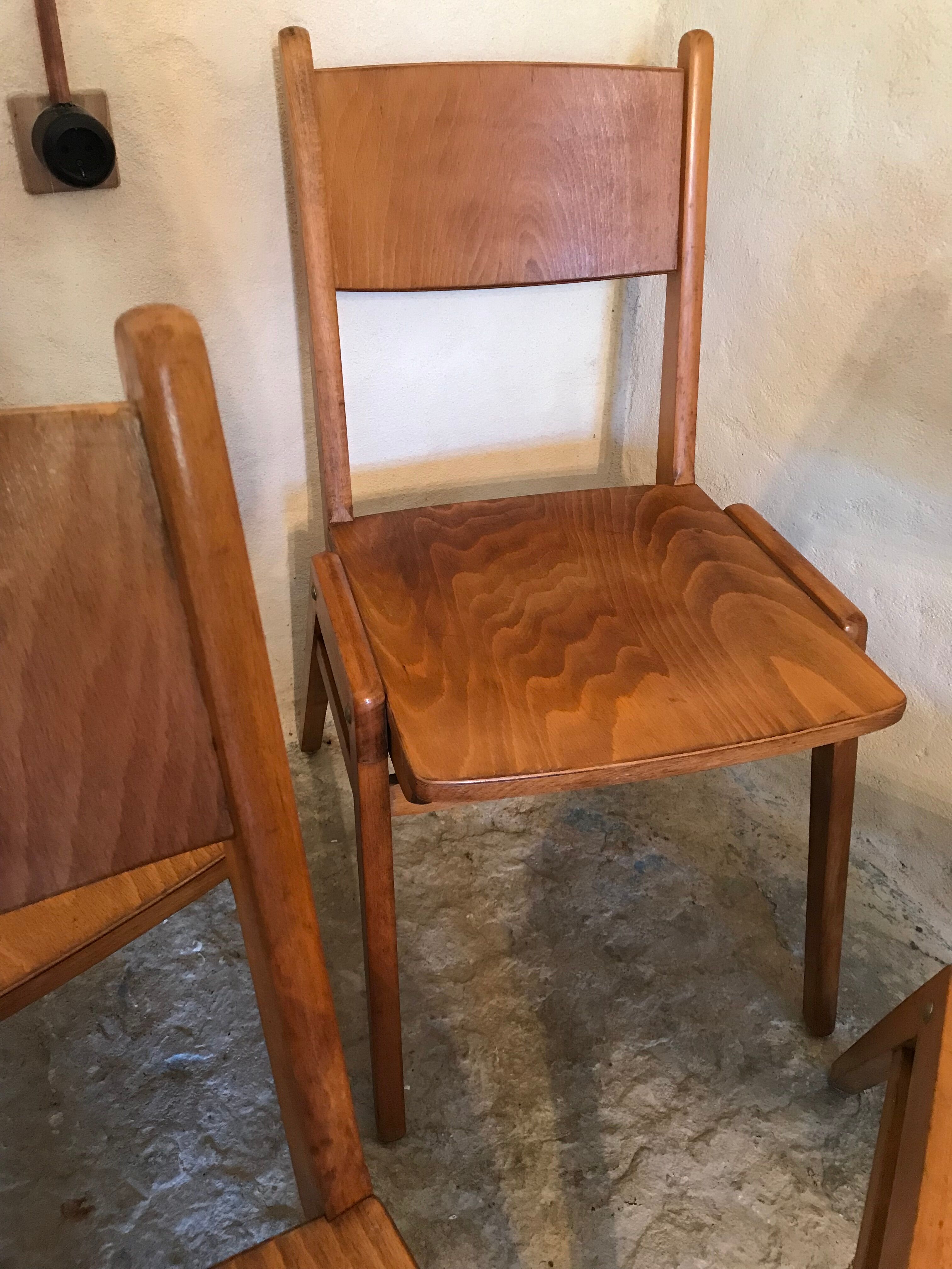 Set of 6 stackable chairs wood feet compass Germany 1960's