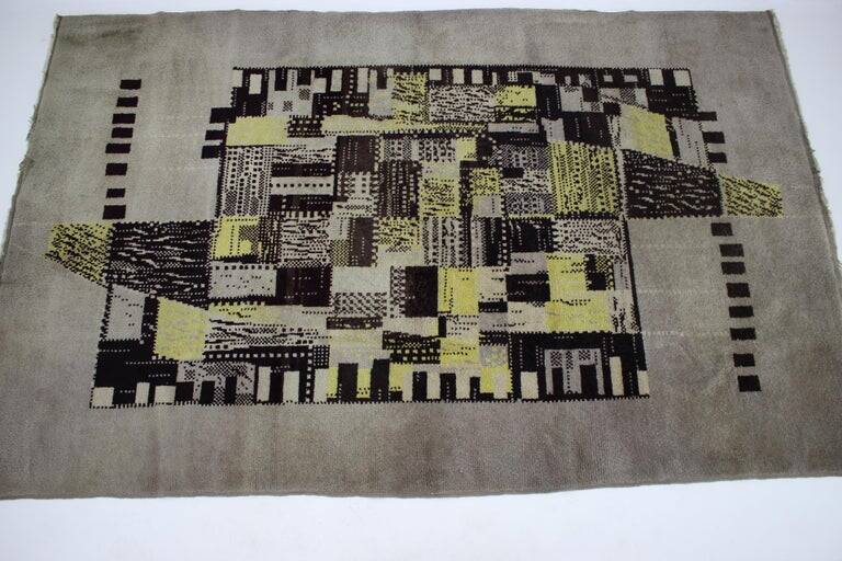 Rare beautiful hand made abstract design wool carpet / rug, 1940s