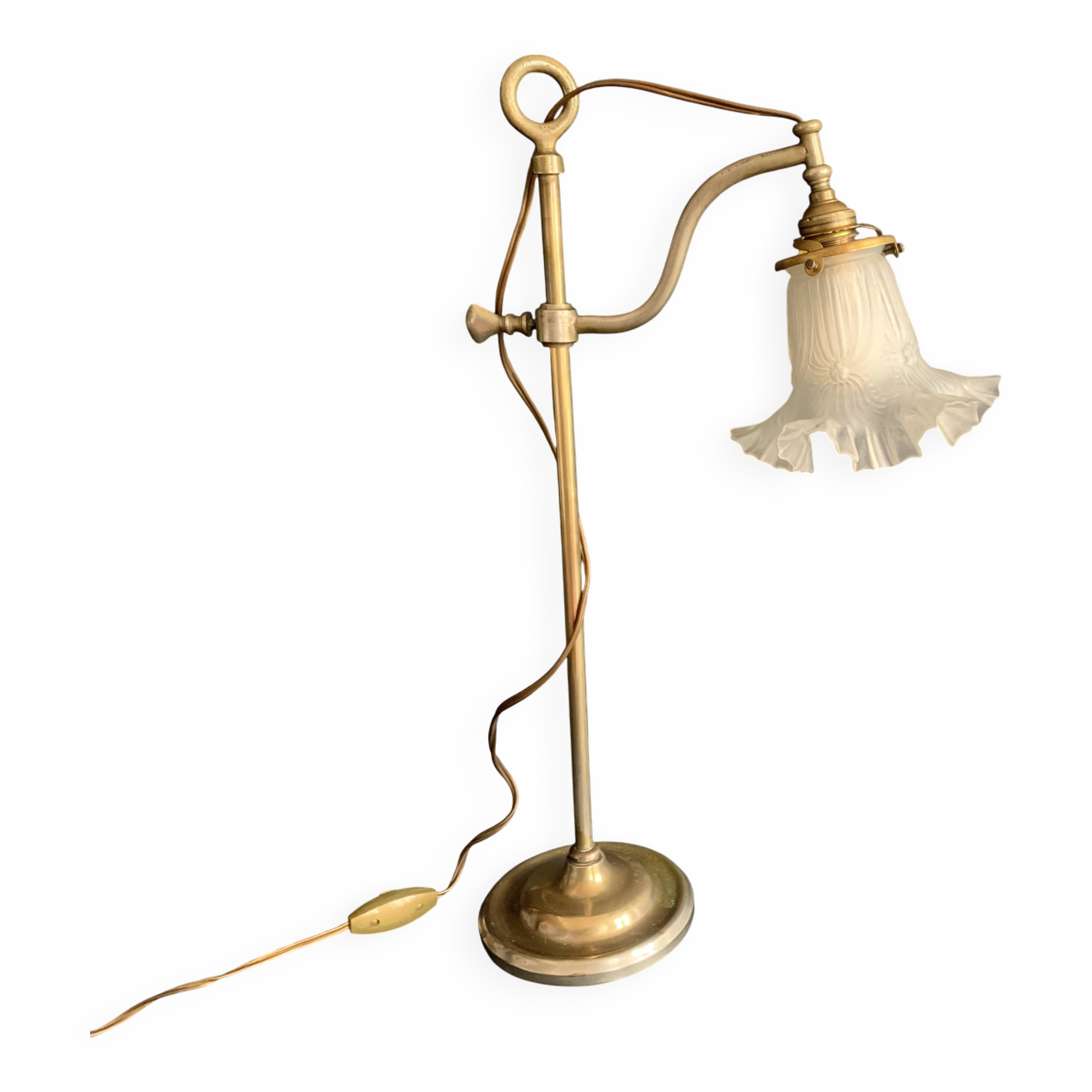 Gooseneck lamp "rise and fall" in brass and glass tulip, 1900