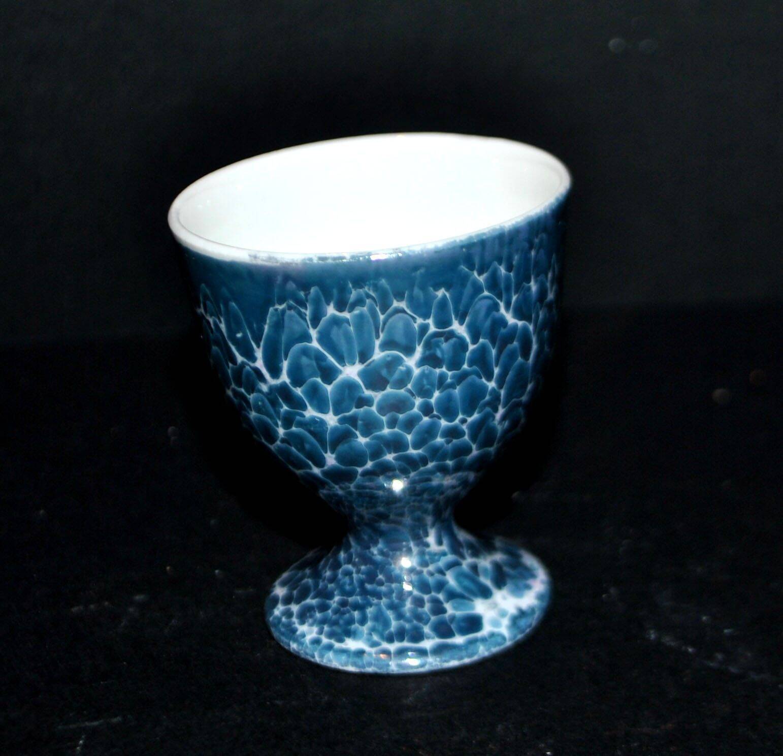Vintage egg cup in iridescent blue metallic porcelain