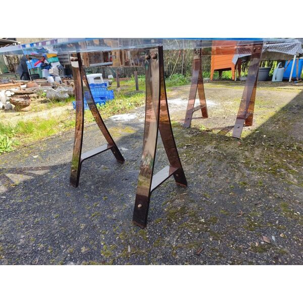 Table vintage plateau verre tréteaux plastique fumé