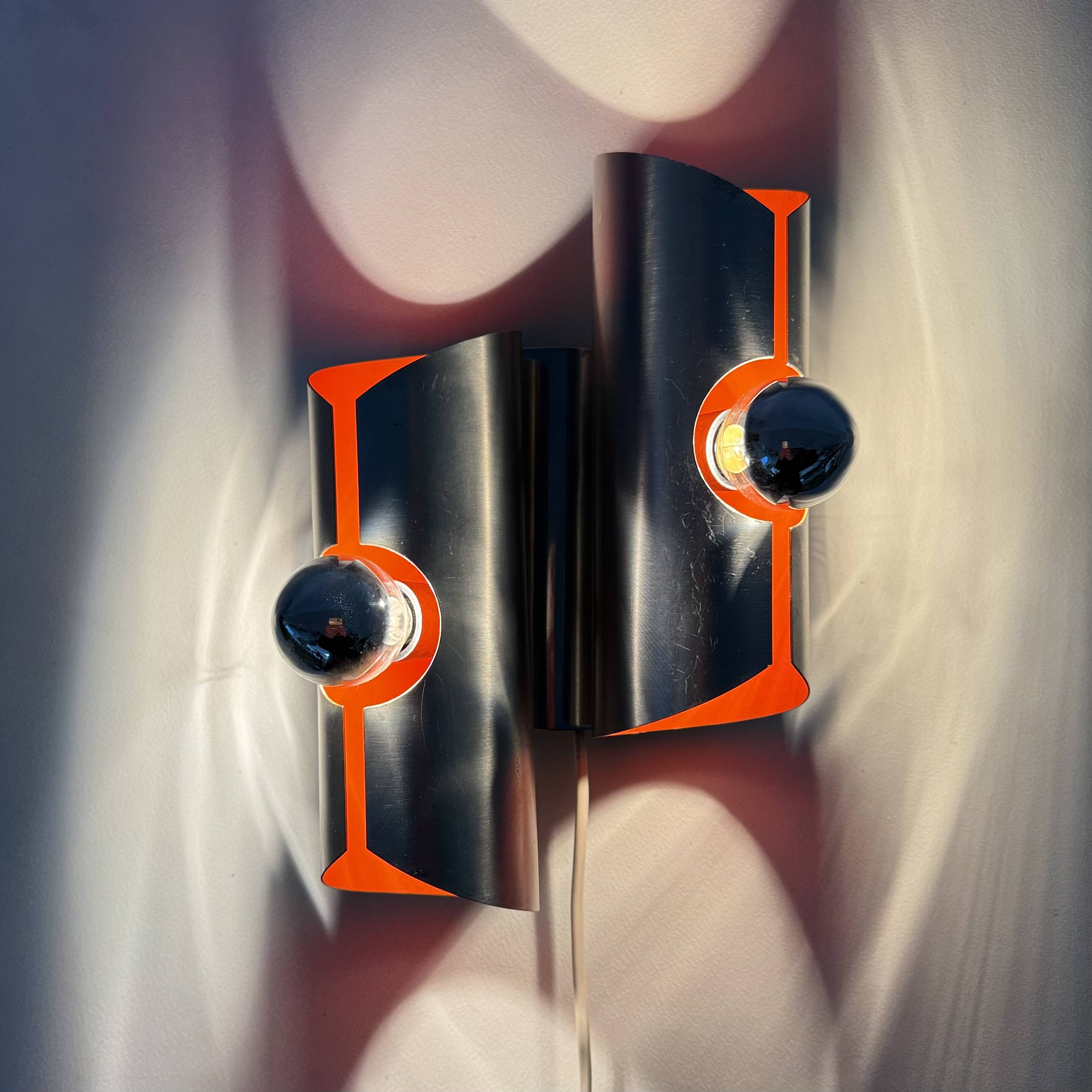 Space age aluminium with orange inside wall lamp sconce , 1970s