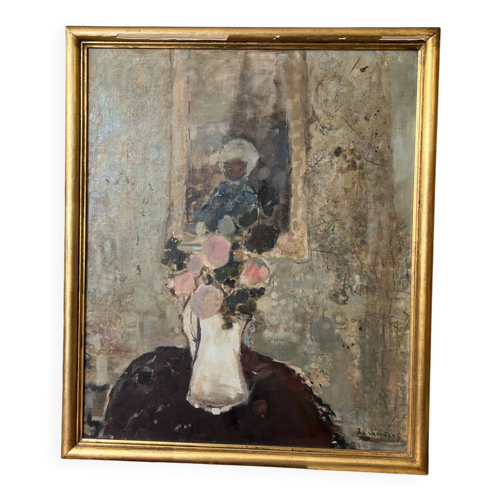 Painting by La Vernède (1899-1971), Flower Pot with Mirror.