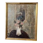 Painting by La Vernède (1899-1971), Flower Pot with Mirror.