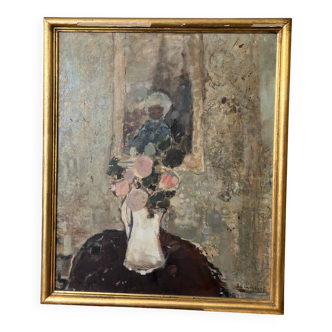 Painting by La Vernède (1899-1971), Flower Pot with Mirror.