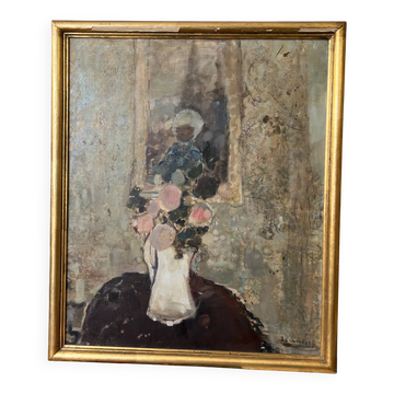 Painting by La Vernède (1899-1971), Flower Pot with Mirror.