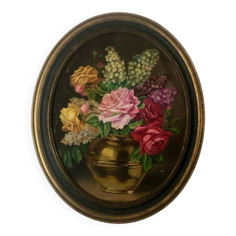 Old table still life with flowers oil painting