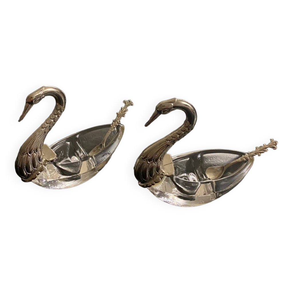 Lot De 2 Salerons En Verre Forme Cygne – Gallia, Avec Cuillères, Vintage