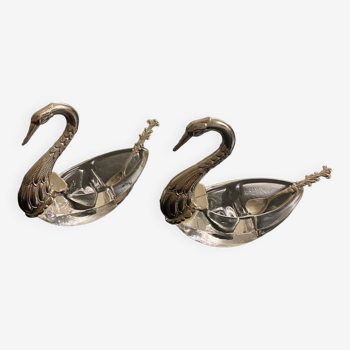 2 swan-shaped salt pots in metal and glass