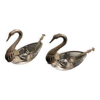 2 swan-shaped salt pots in metal and glass