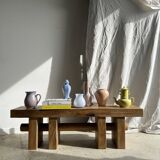 Solid wood bench with openwork base crossed by a cylinder - Mango wood