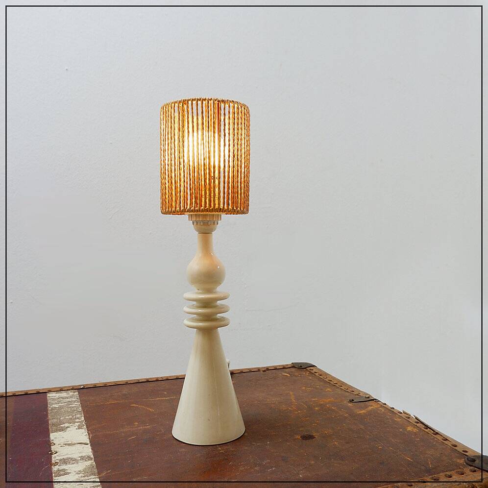 Vintage ceramic table lamp in sand color with a new rope lampshade