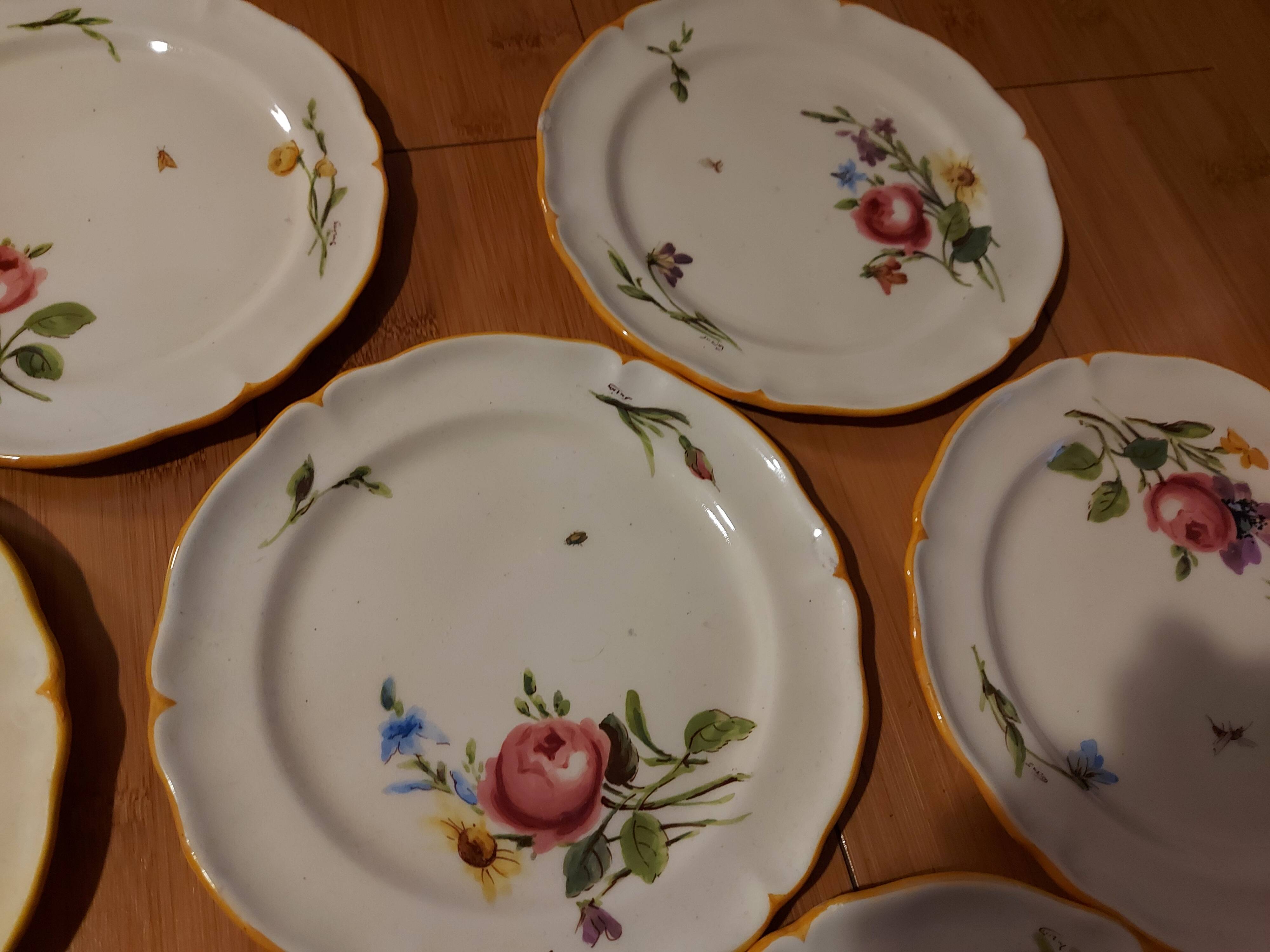 10 dessert plates painted decorated with flowers, insects (all different)