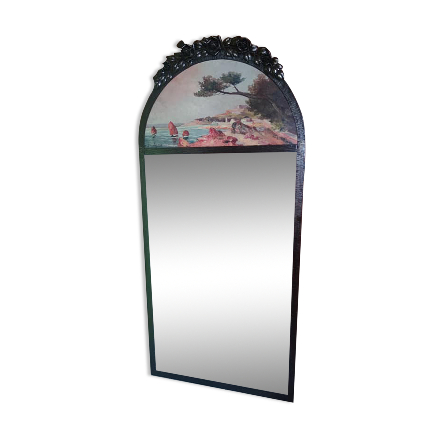 Overmantel mirror from the decorative arts period, 1929, in hammered wrought iron, 75x160cm