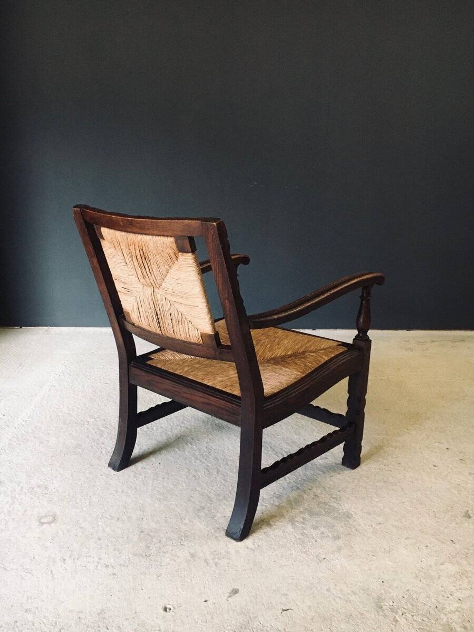 Low Arts & Crafts Oak & Rush Armchair, Belgium 1920s