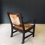 Low Arts & Crafts Oak & Rush Armchair, Belgium 1920s