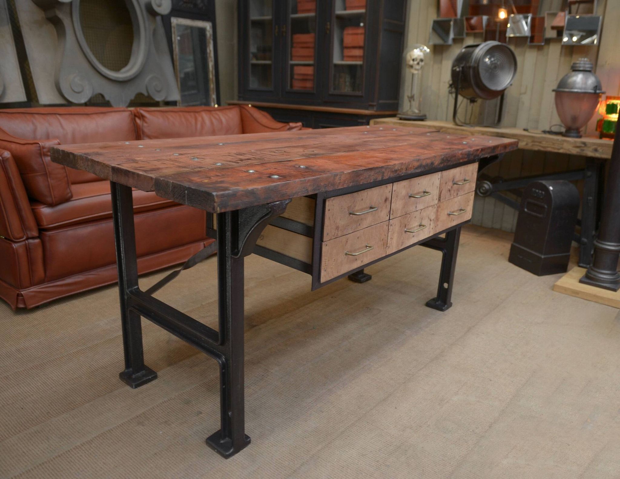 factory workbench in cast iron and wood 1930 with 9 drawers