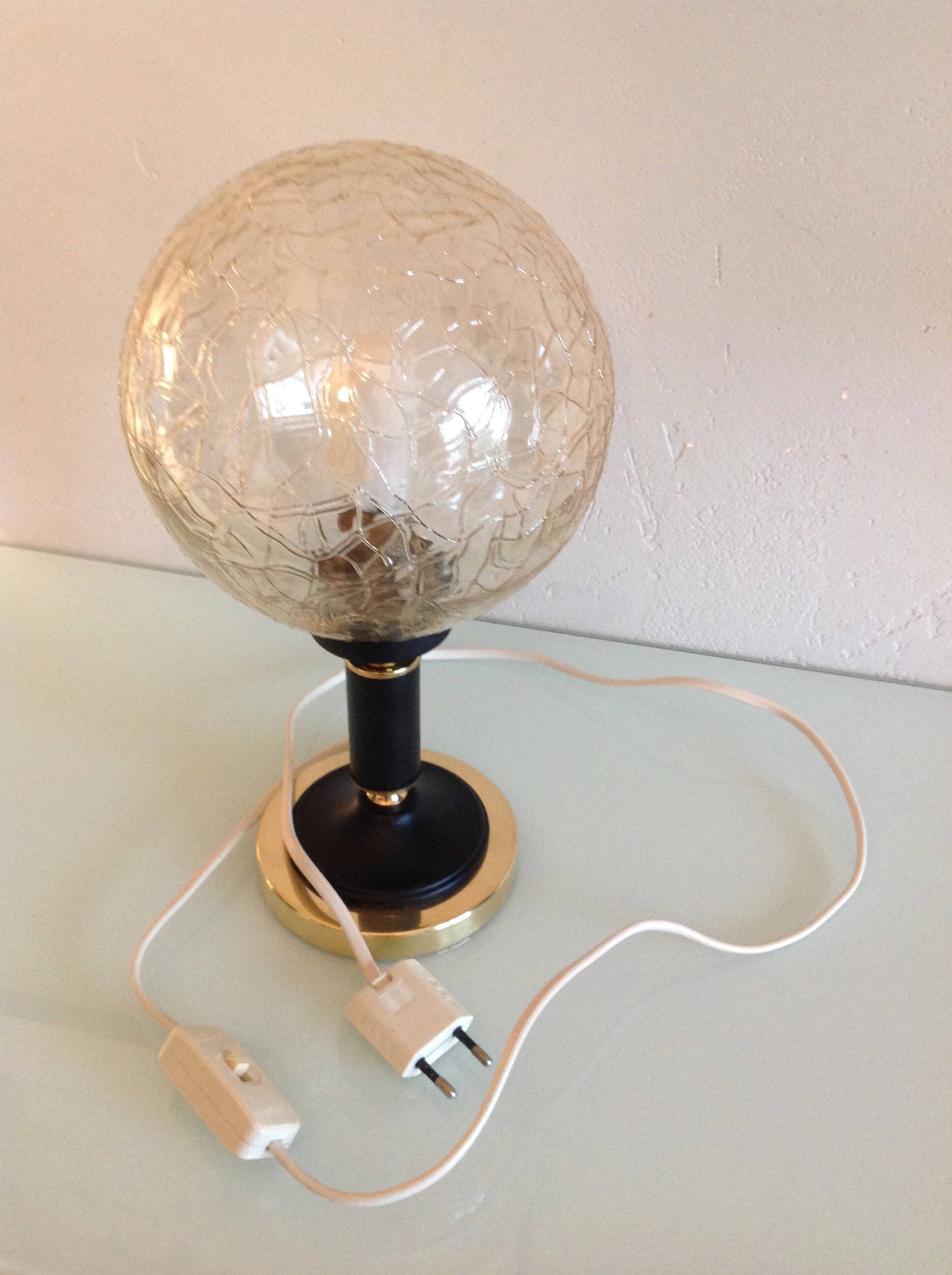 Structured amber glass globe lamp on black and brass base by Solken Leuchten/ 60s-70s