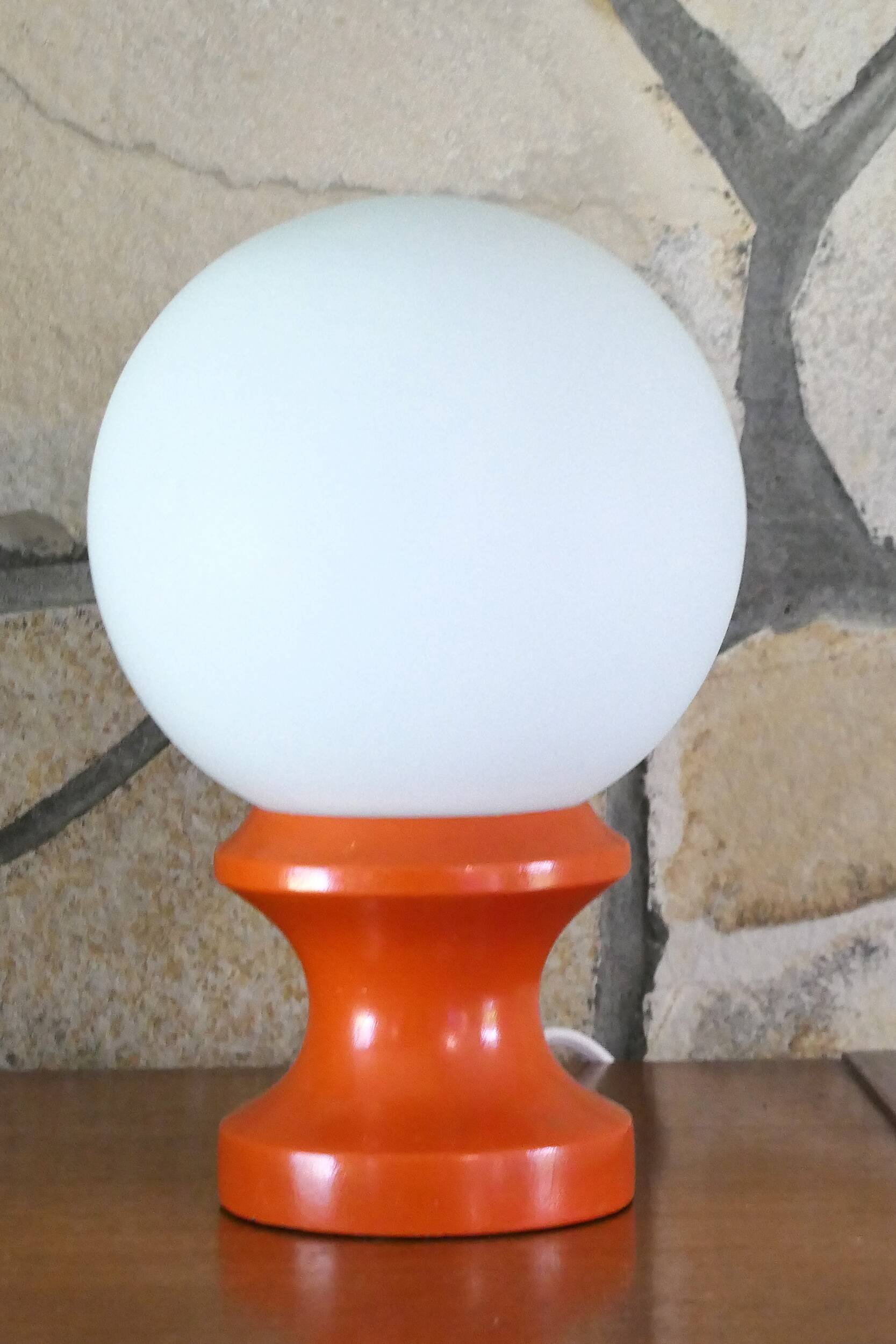 Table or bedside lamp orange wood and opaline vintage 70's hustadt