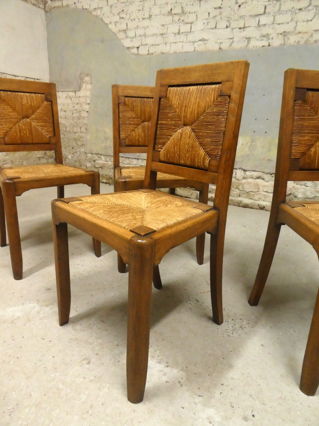 Set of 4 oak and straw chairs, 1950