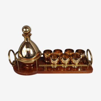 Alcohol service: bottle - 7 golden puffed glasses, vintage mahogany tray 50s sb