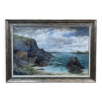 Huile sur toile représentant un bord de plage dans les Côtes d'Armor, signé L HORNA