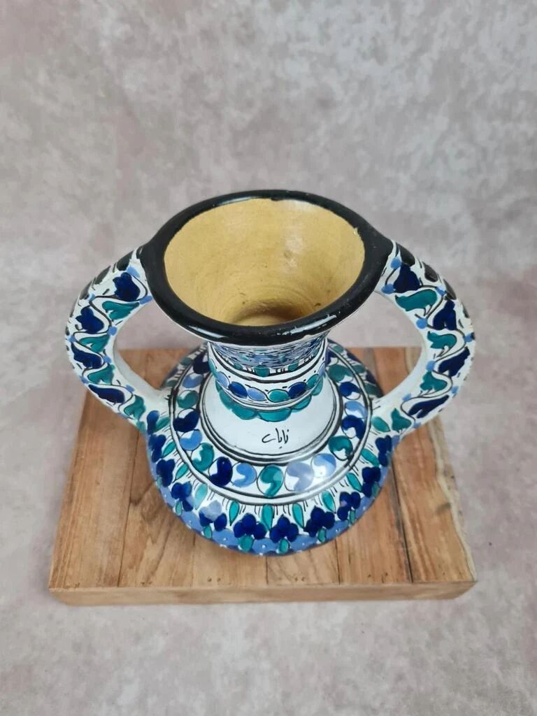 Artisanal Moroccan faience vase signed – blue & green decor