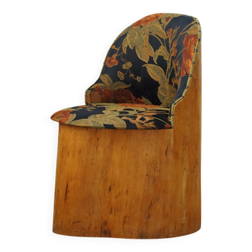 Swedish stump chair / "Kubstol" in pine and floral upholstery, mid-20th century