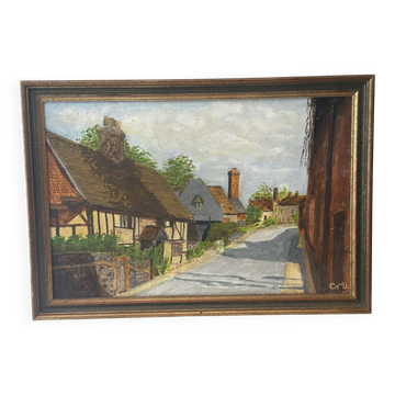 Oil on canvas signed, landscape of a Norman village, 1992.