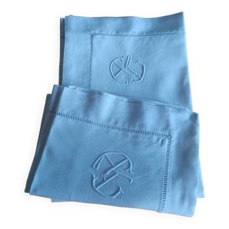 Pair of old linen & cotton pillowcases - ac monogram