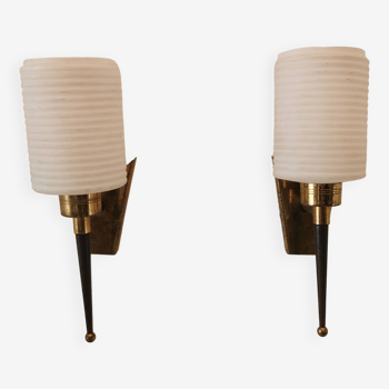 Pair of brass and opaline wall lights